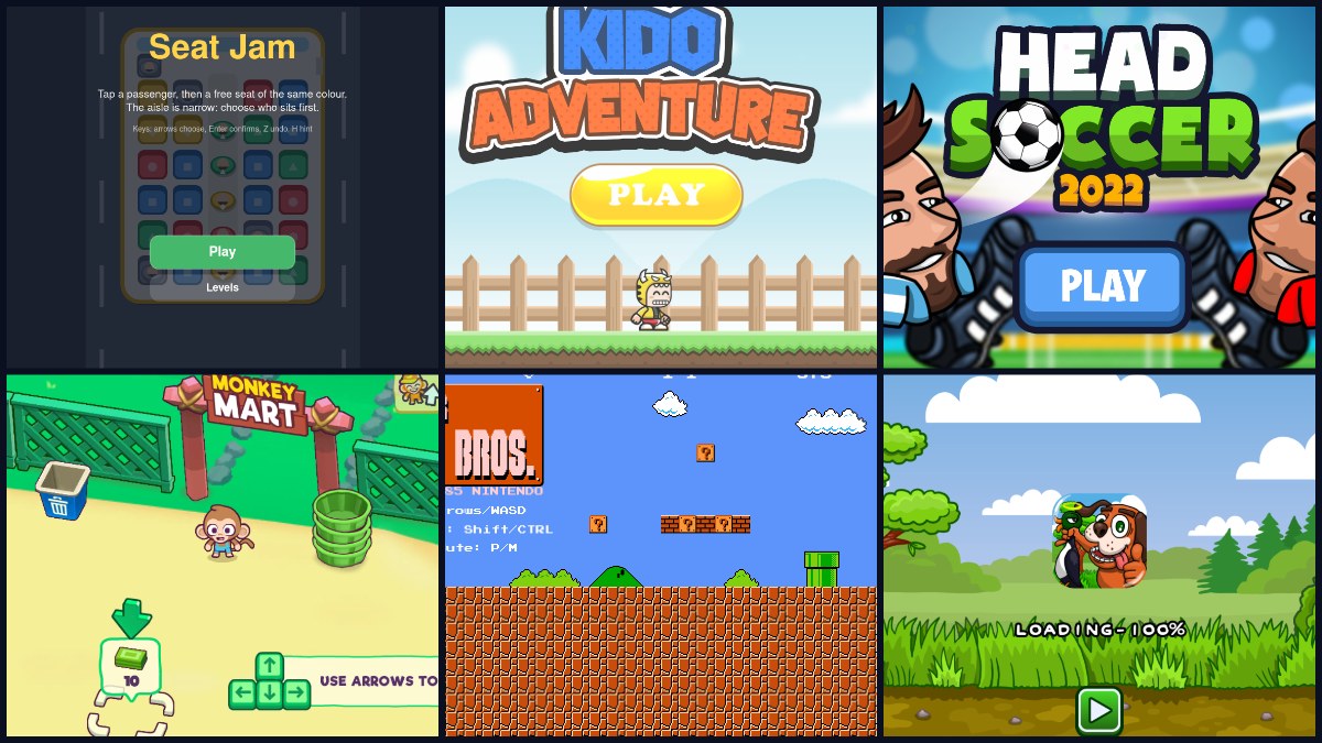 Six browser games on Yes This Game shown side by side, from puzzles to racing and shooting games