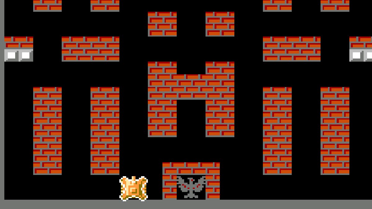 Battle City stage 1: the player's tank with three stars and a shield next to the eagle, enemy tanks at the top of the maze