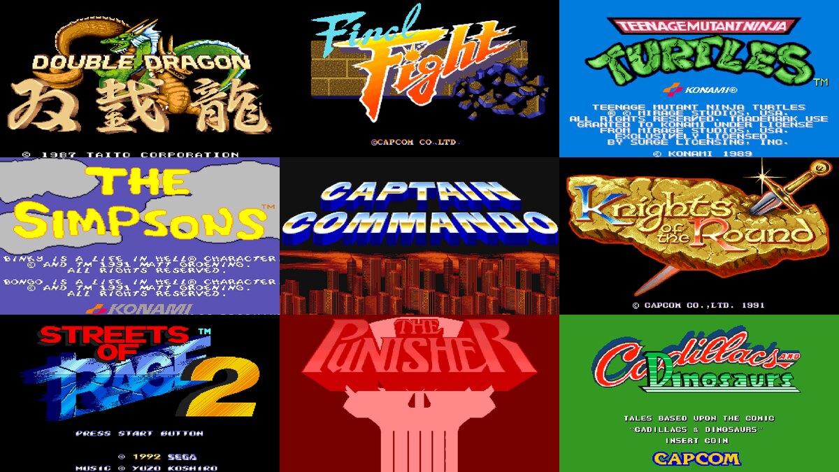 Title screens of nine beat 'em up games: Double Dragon, Final Fight, Teenage Mutant Ninja Turtles, The Simpsons, Captain Commando, Knights of the Round, Streets of Rage 2, The Punisher and Cadillacs and Dinosaurs