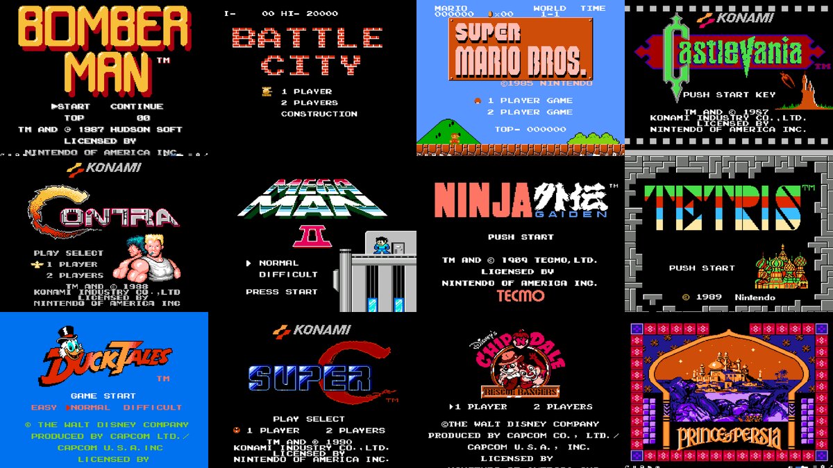 Title screens of twelve NES games: Bomberman, Battle City, Super Mario Bros., Castlevania, Contra, Mega Man 2, Ninja Gaiden, Tetris, DuckTales, Super C, Chip 'n Dale and Prince of Persia