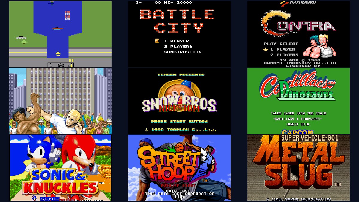 Title screens of nine retro games: River Raid, Battle City, Contra, Street Fighter II, Snow Bros, Cadillacs and Dinosaurs, Sonic & Knuckles, Street Hoop and Metal Slug