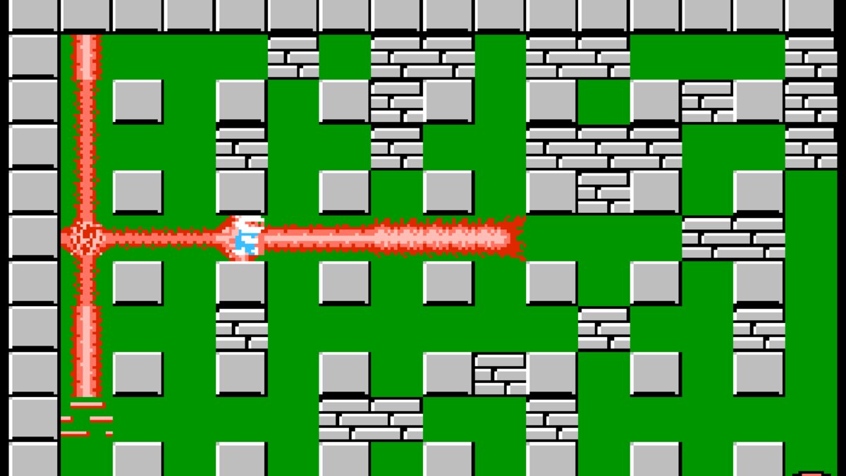 Bomberman standing next to a long cross-shaped bomb blast in a green stage with brick walls