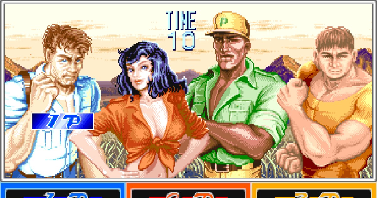 Cadillacs and Dinosaurs character select screen: Jack, Hannah, Mustapha in a green shirt and cap, and Mess