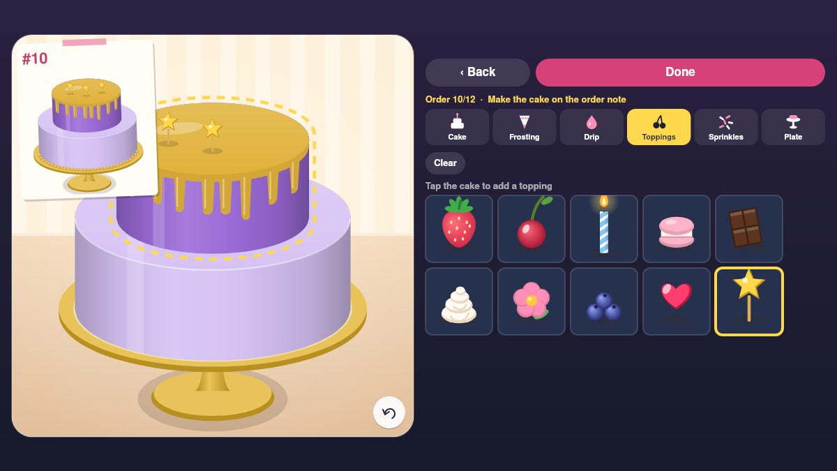 Sweet Cake Shop, order 10: a two-tier cake in lavender and purple with a gold drip and gold star toppings, with the order note pinned in the corner