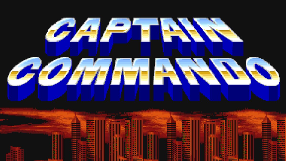 Captain Commando arcade title with the logo over a burning futuristic Metro City