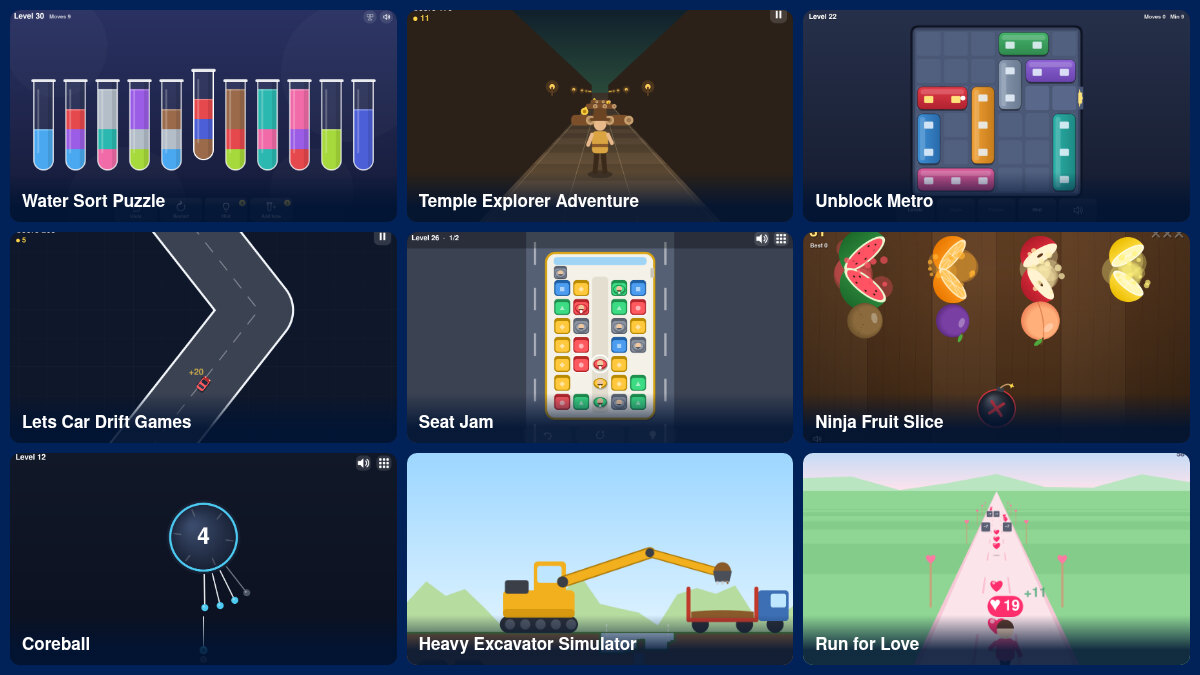 Nine free browser games for Chromebook: Water Sort Puzzle, Temple Explorer Adventure, Unblock Metro, Lets Car Drift Games, Seat Jam, Ninja Fruit Slice, Coreball, Heavy Excavator Simulator and Run for Love