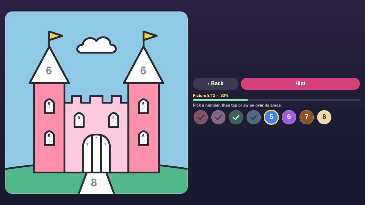 Coloring Book, By number picture 9: a castle with pink towers already colored, numbered windows striped in gray and the numbered color buttons with four ticks