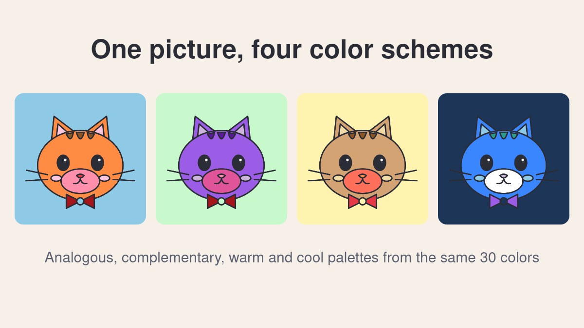 The same cartoon cat colored four times: orange on sky blue, purple on mint, tan on cream, and blue on navy