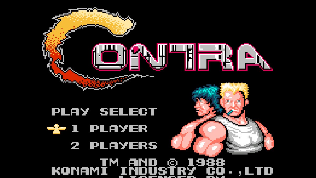 Contra title screen with the Contra logo, the two commandos and the 1 Player and 2 Players menu