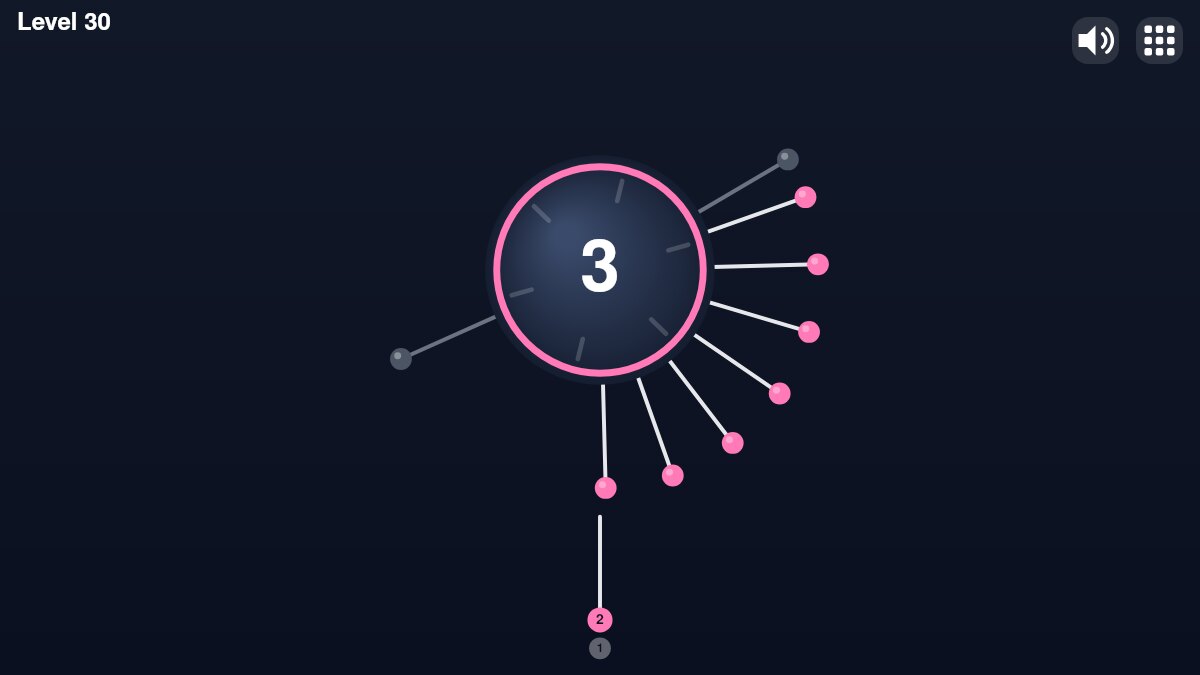Coreball level 30: a spinning core with pins stuck all around it and the next pin flying up from the launcher