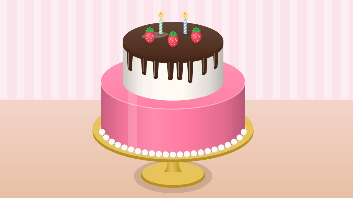 A two-tier drip cake: a white top tier with a dark chocolate drip, strawberries and two candles on a pink bottom tier with a pearl border, on a gold cake stand