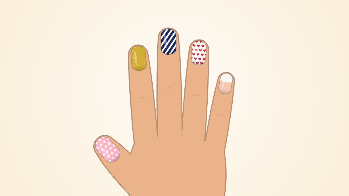 A hand with short nails in five easy designs: pink polka dots on the thumb, gold glitter, navy and white stripes, small red hearts and a mini French tip