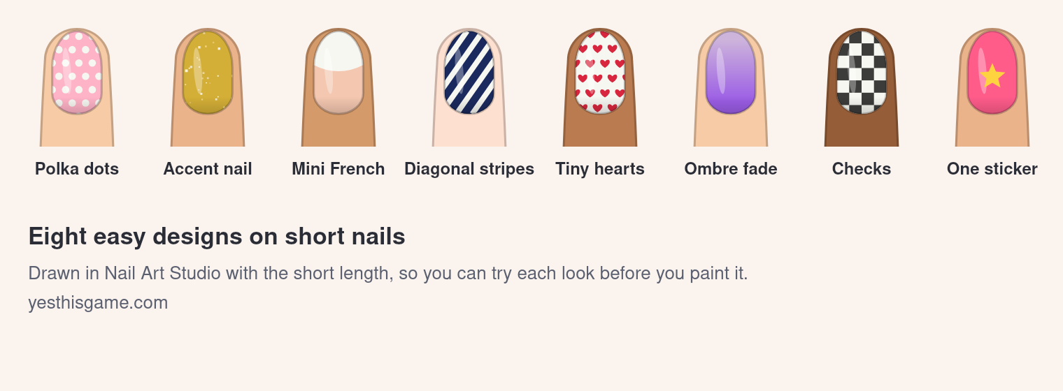 Eight short nails, each with one design: polka dots, gold accent nail, mini French, diagonal stripes, tiny hearts, ombre fade, checks and a single star sticker