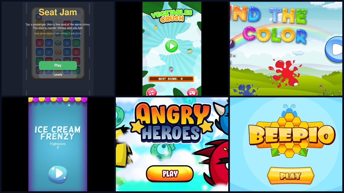 Six free puzzle games on Yes This Game: Seat Jam, Vegetables Crush, Find The Color, Ice Cream Frenzy, Angry Birds Heroes and Bee Challange