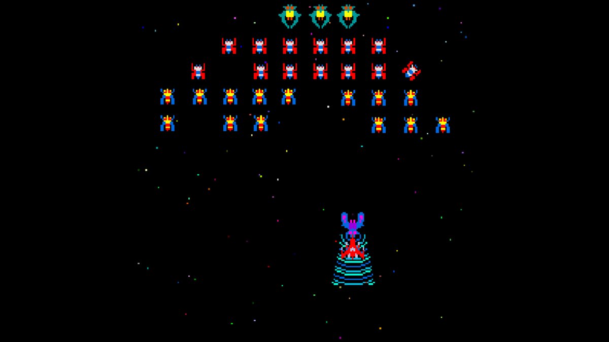 Galaga screen with the alien formation and a Boss Galaga lowering its blue tractor beam toward the player's fighter