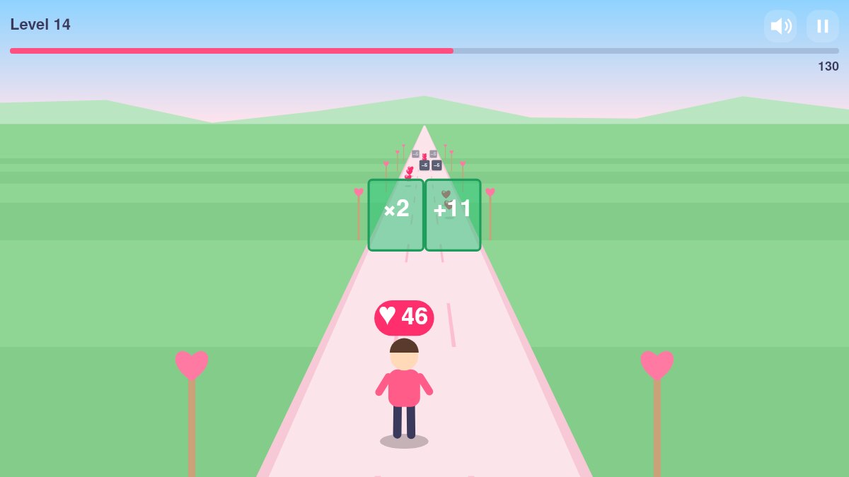 Run for Love level 14: the runner carries 46 love toward a pair of gates showing ×2 and +11