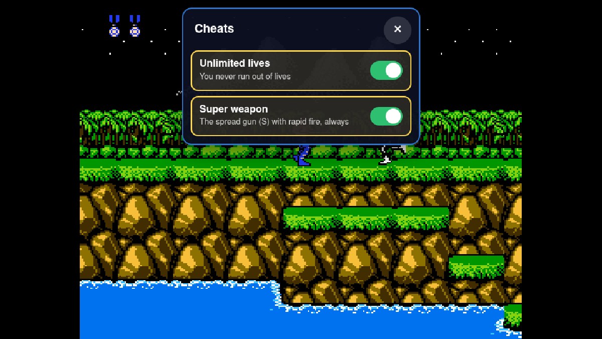 Cheat panel open over Contra on Yes This Game, with the switches Unlimited lives and Super weapon