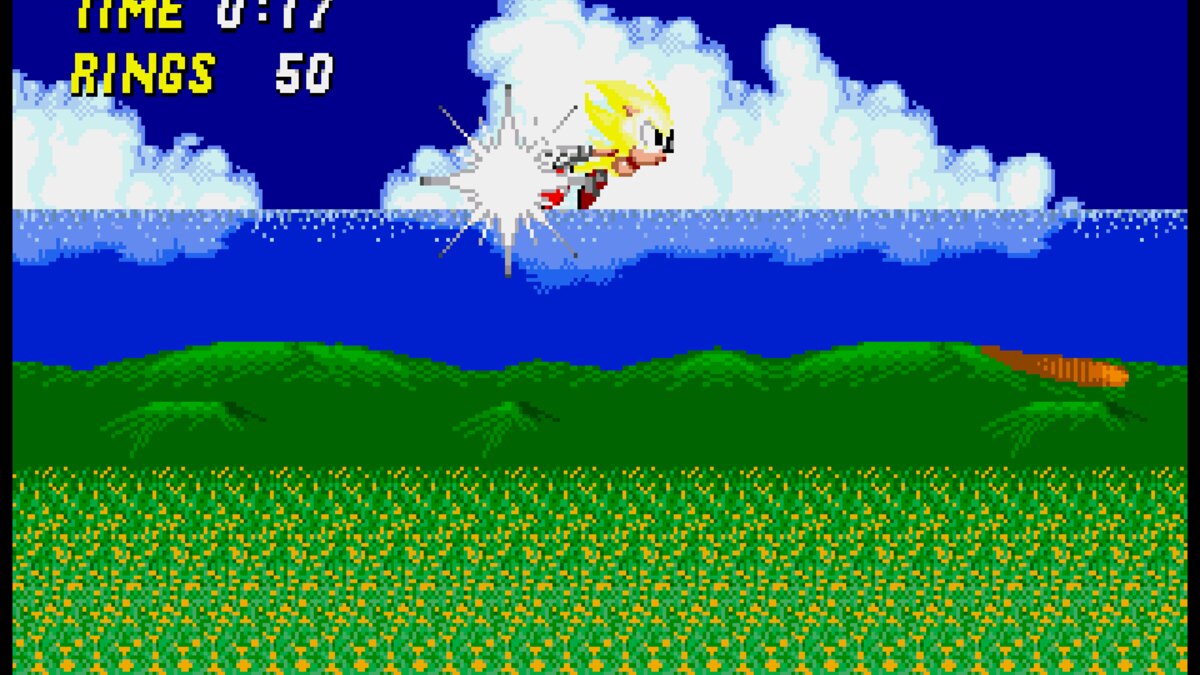 Golden Super Sonic flying fast over Emerald Hill Zone in Sonic the Hedgehog 2 with 50 rings