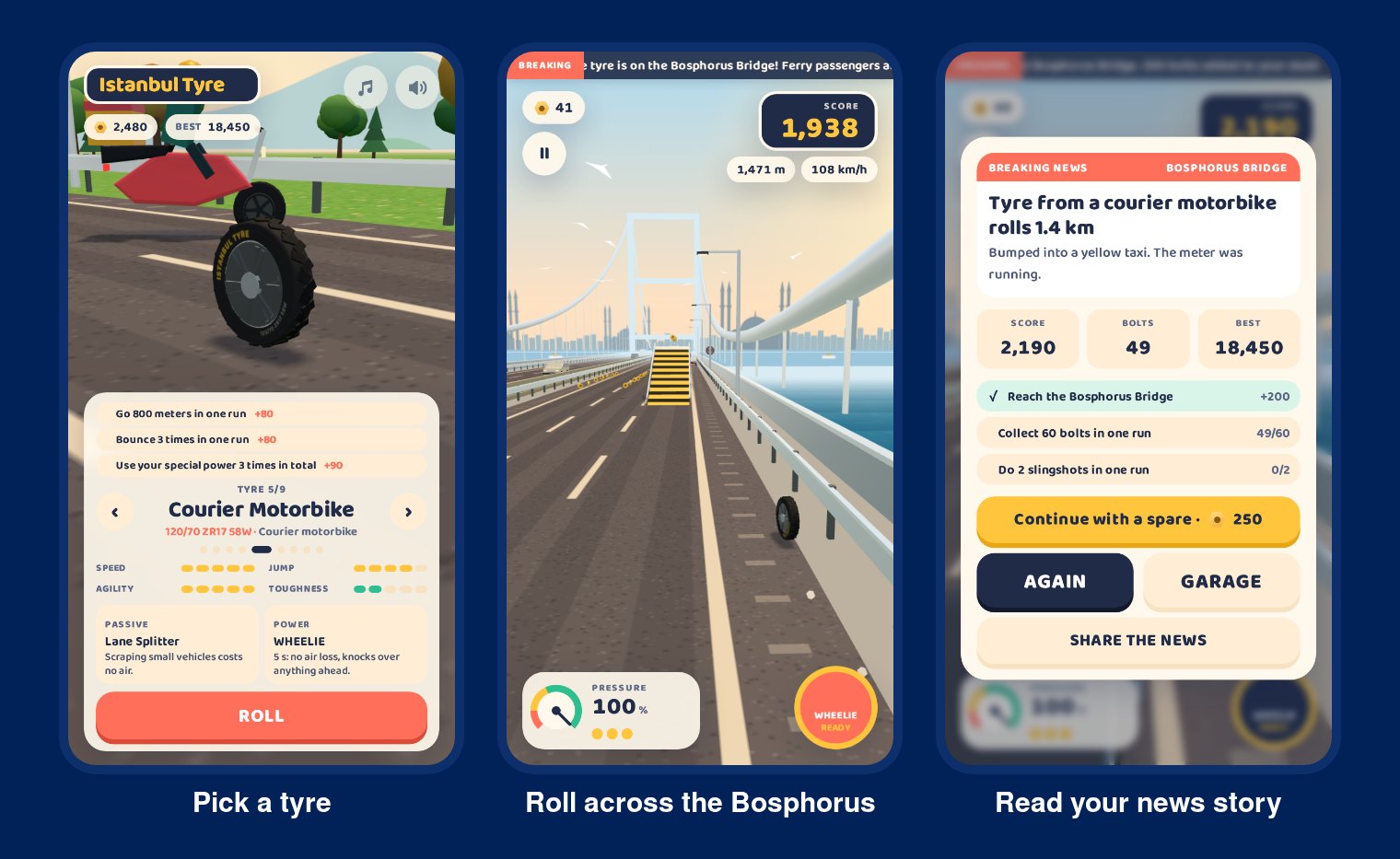 Three Istanbul Tyre phone screens: the garage with the Courier Motorbike tyre, a run across the Bosphorus Bridge at 108 km/h, and the breaking news card after a 1.4 km run