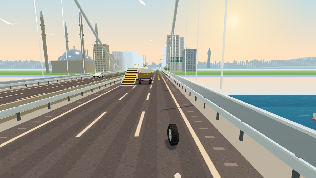Istanbul Tyre: a runaway tyre rolls across the Bosphorus Bridge toward a lorry in traffic, with mosques, tower blocks and the Istanbul skyline on the far shore