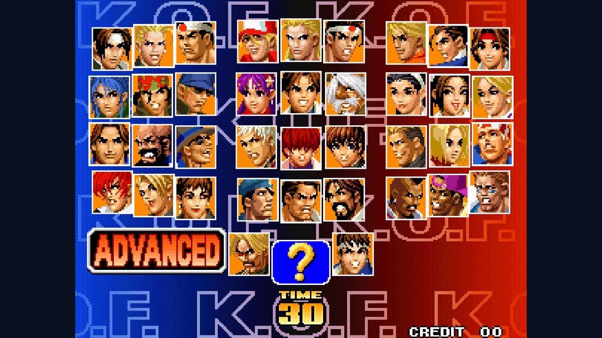 The King of Fighters '98 character select screen with the fighters of all teams
