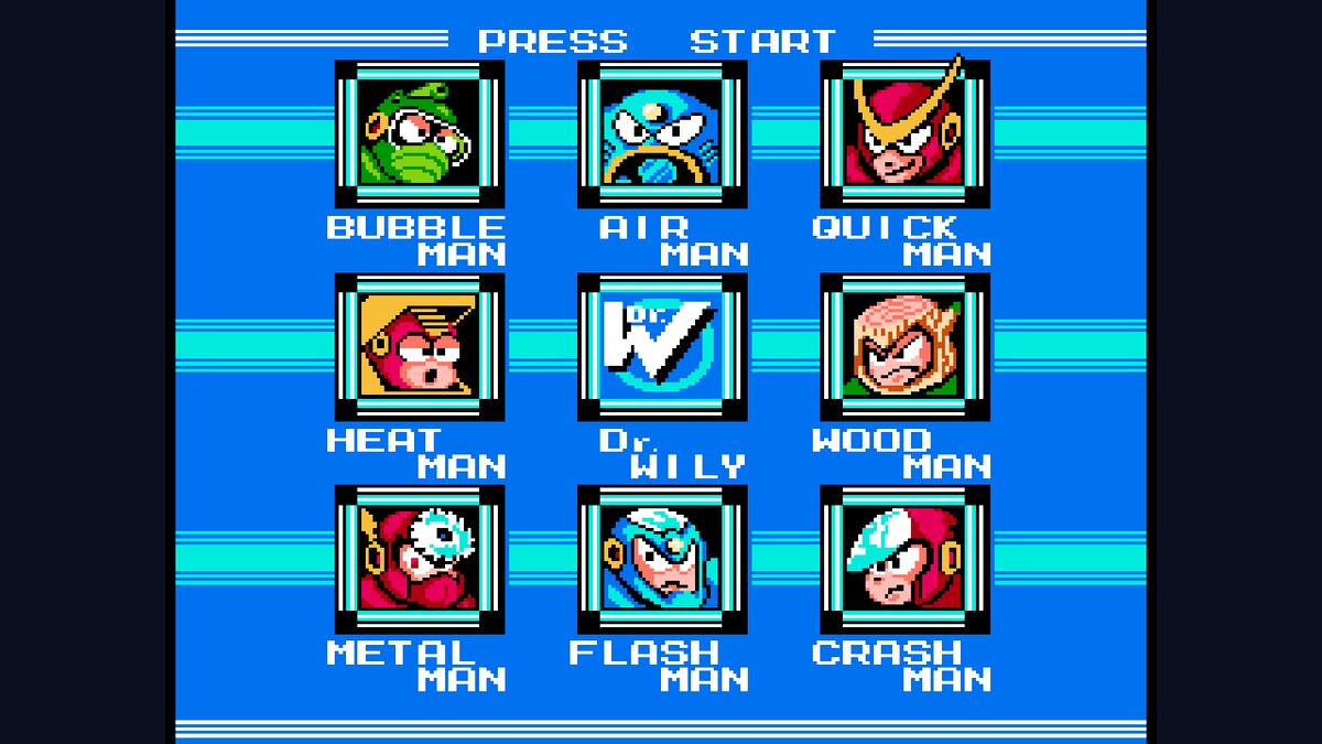 Mega Man 2 stage select screen with the eight Robot Masters around Dr. Wily