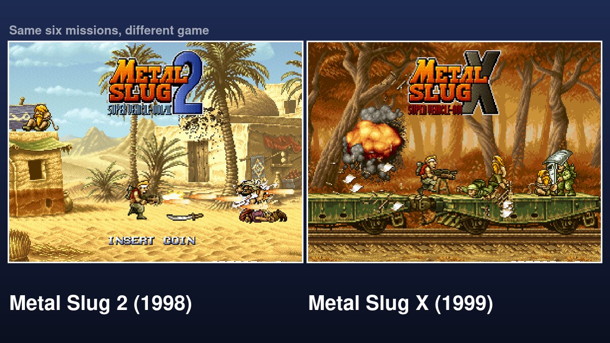 Title screens of Metal Slug 2 in the desert and Metal Slug X on the train, side by side