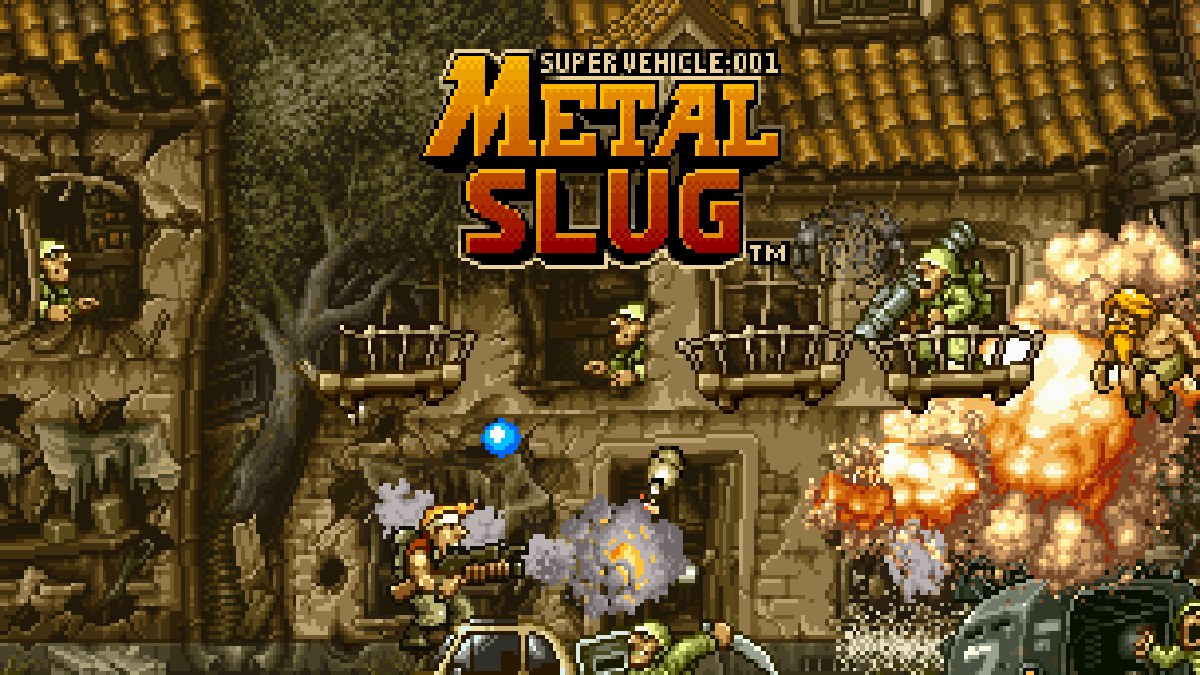 Metal Slug mission 1: Marco firing a heavy machine gun among soldiers, a car and a big explosion in a ruined village