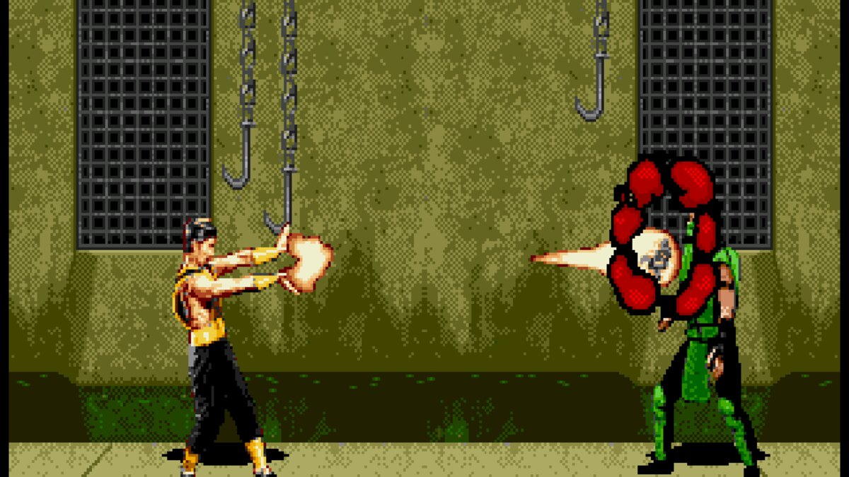 Shang Tsung throwing three flaming skulls at Reptile in Mortal Kombat II on the Mega Drive