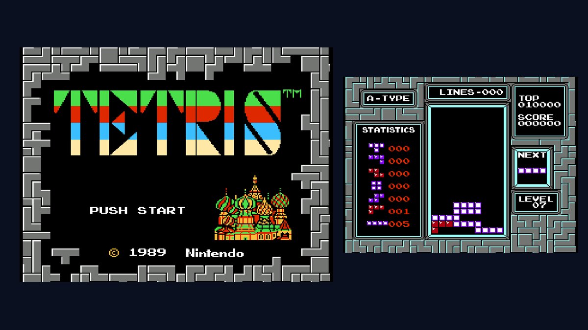 NES Tetris title screen with the onion domes next to an A-Type game on level 7