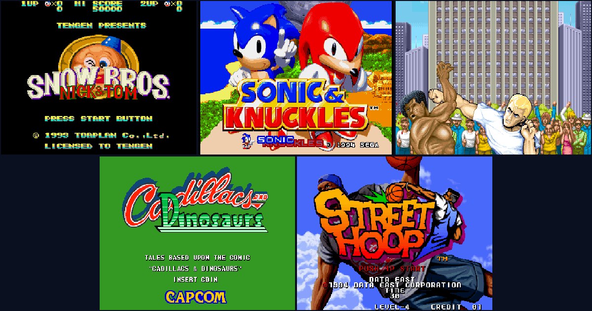 Title screens of five retro games: Snow Bros, Sonic & Knuckles, Street Fighter II, Cadillacs and Dinosaurs and Street Hoop