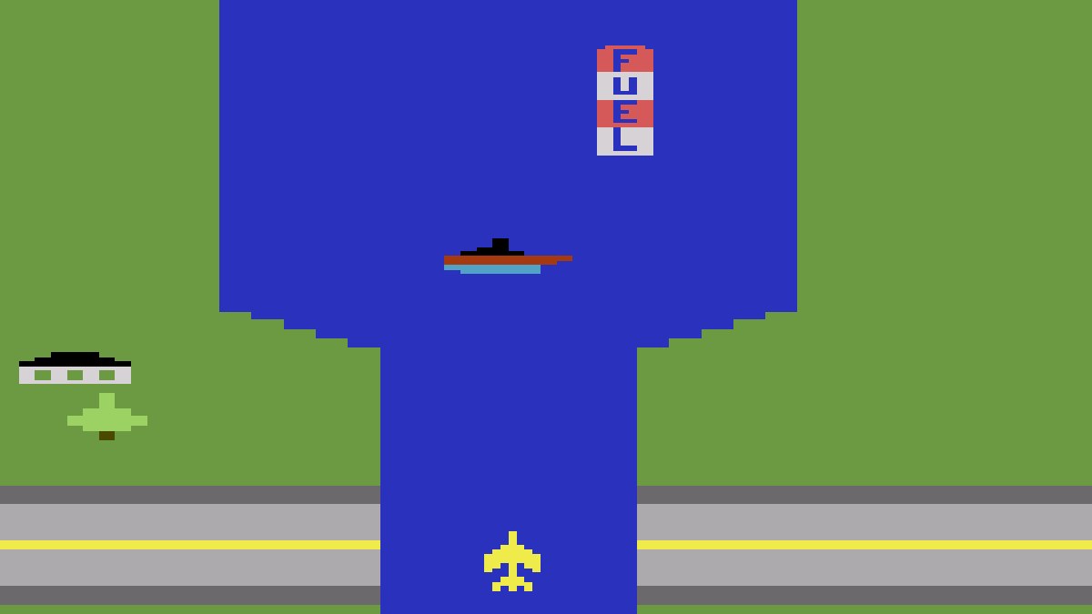 River Raid on the Atari 2600: the yellow jet over the river with a fuel depot, a ship and a helicopter ahead, and the fuel gauge at full