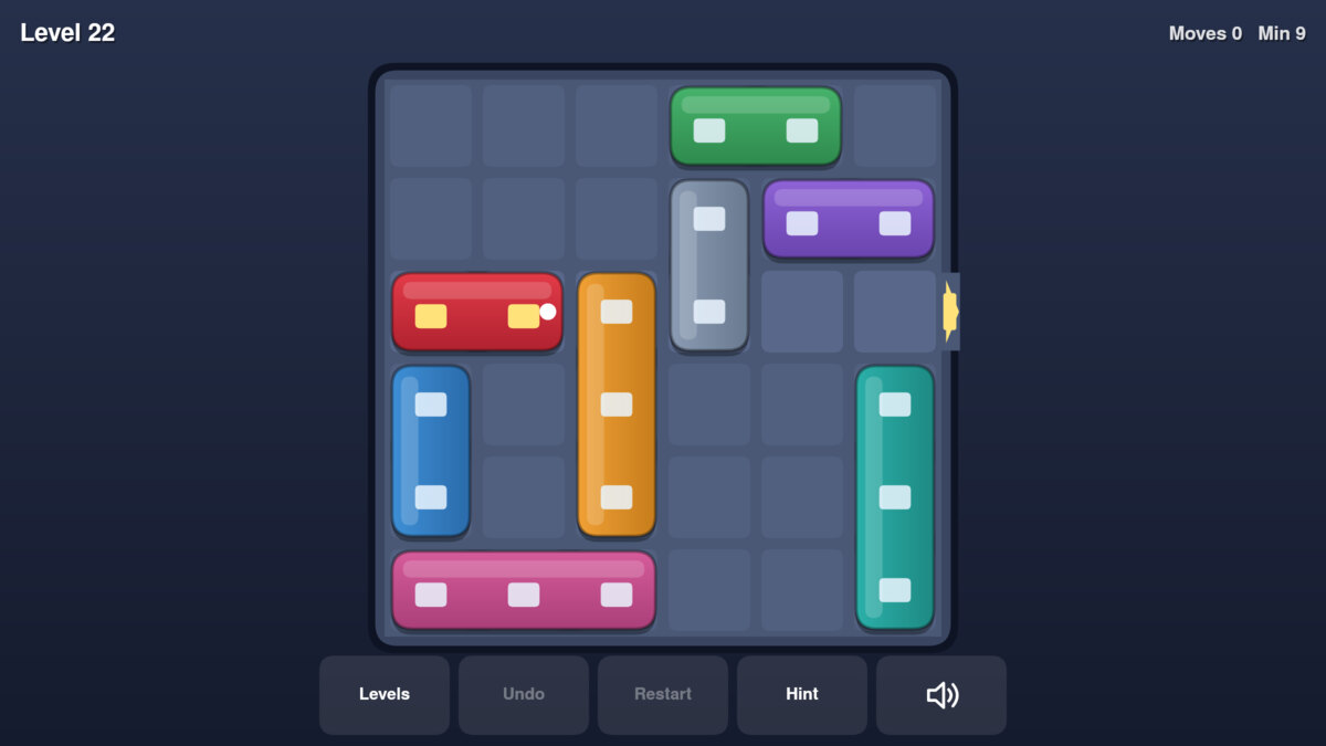 Unblock Metro level 22: a six by six board with colored trains blocking the red metro from the exit on the right