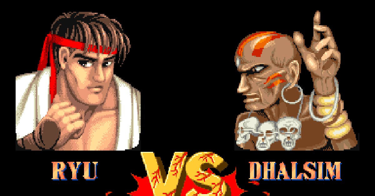 Street Fighter II versus screen: Ryu on the left facing Dhalsim on the right with a big VS between them