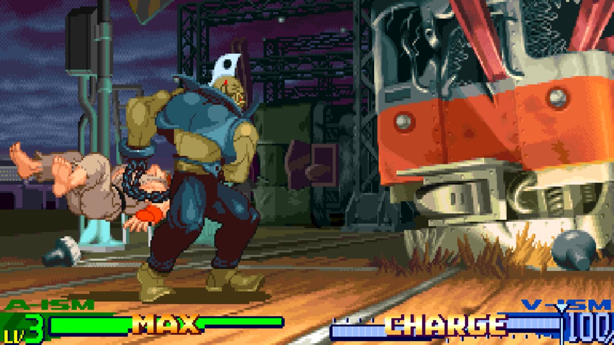 Street Fighter Alpha 3 fight between Ryu in A-ism with a full level 3 gauge and Birdie in V-ism with a charged gauge