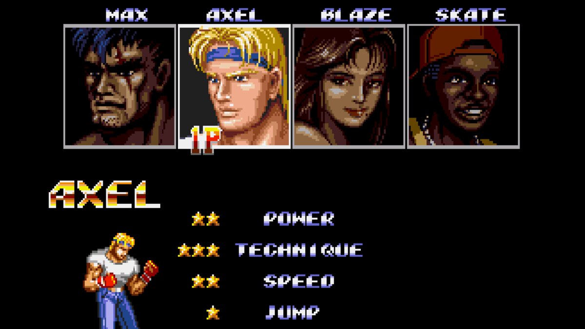 Streets of Rage 2 select screen with the portraits of Max, Axel, Blaze and Skate and Axel's star ratings
