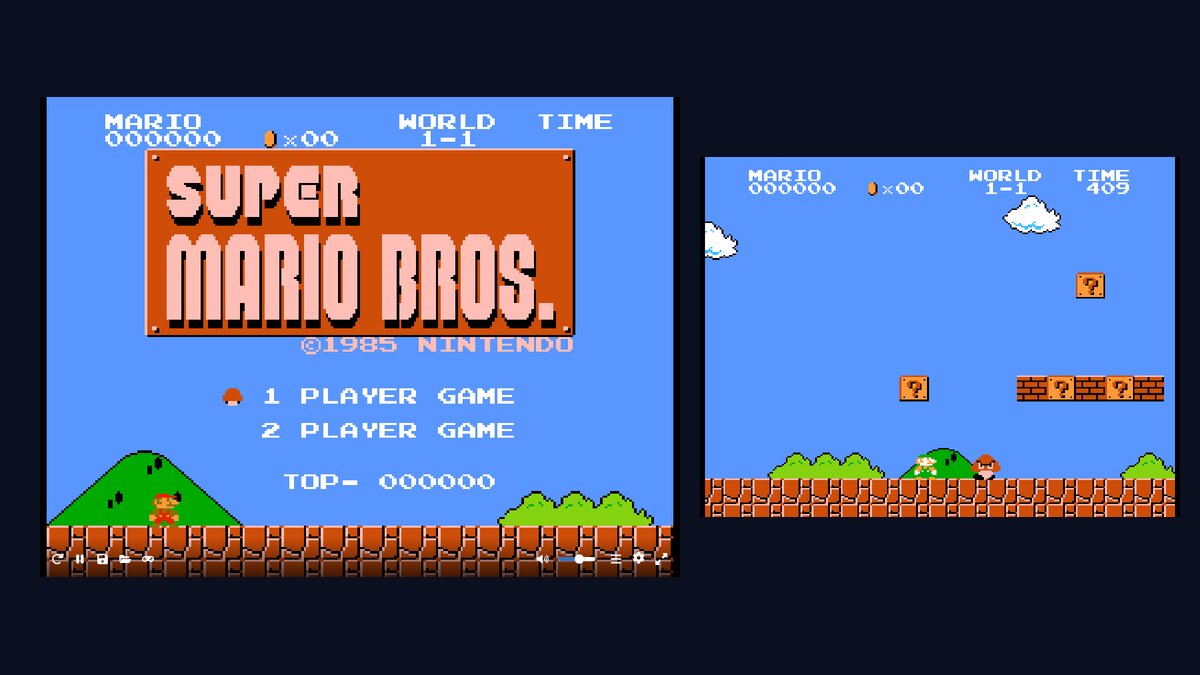 Super Mario Bros. title screen next to Mario in World 1-1 with question blocks and a green pipe