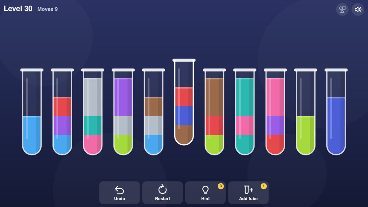 Water Sort Puzzle level 30 with eleven tubes of colored water and one tube lifted for pouring