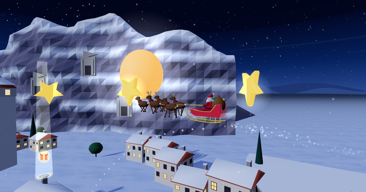 Santa's sleigh and five reindeer led by Rudolph fly past the Lycian rock-cut tombs on the cliff above a snowy Myra at night, in Santa's Flying Gift Quest